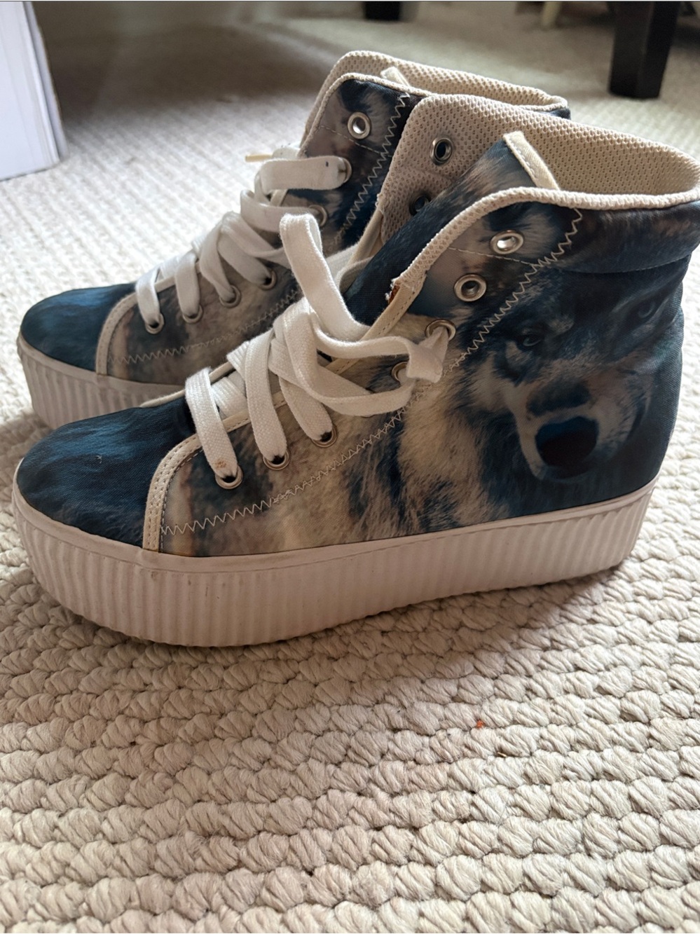 Jeffrey Campbell Wolf Print High-Top Sneakers in Blue and Cream